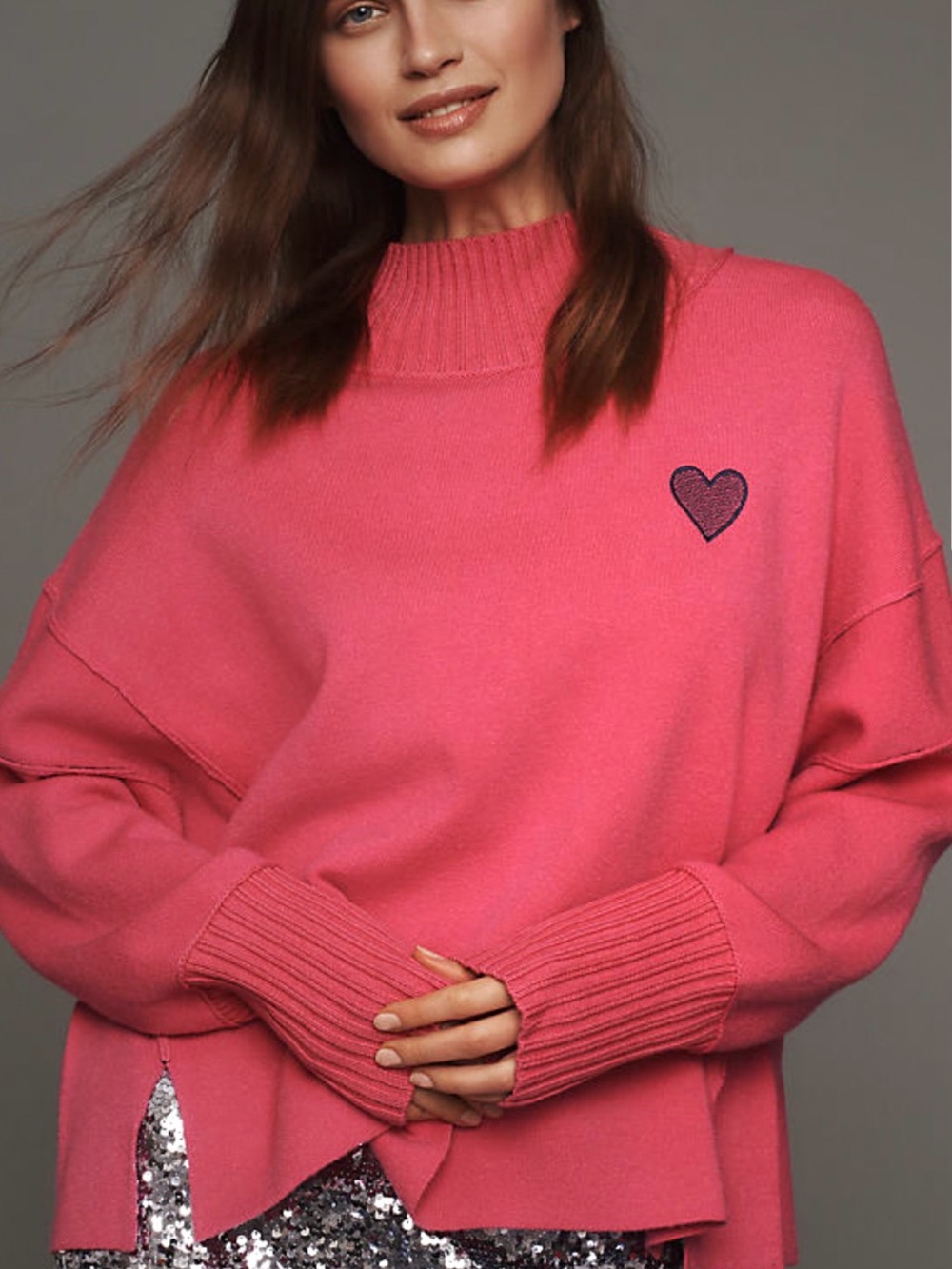 Maeve Anthropologie The Logan Pink Heart Turtleneck Sweater Size L